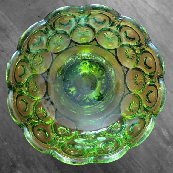 L E Smith Dining Vtg 96s Le Smith Green Glass Moon Stars Footed Pedestal Candy Nut Bowl Dish